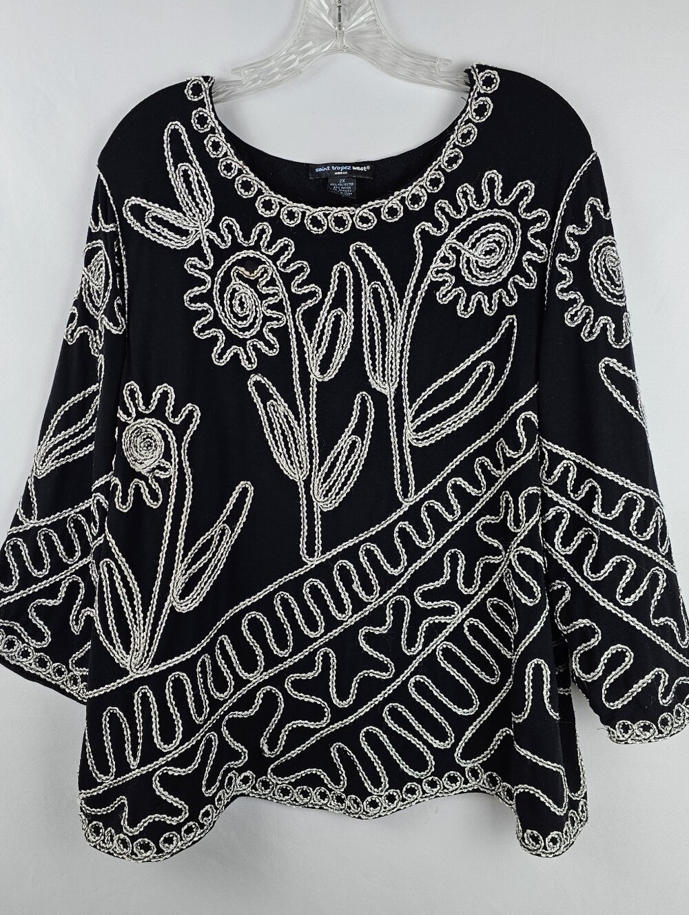 Saint Tropez West Artistic Black & Silver Emboridered Pullover Top Women's 2X